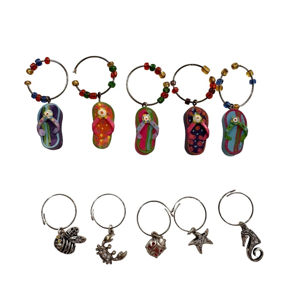 Wine Glass Charms Set 10 Beach Flip Flops Sea Bee Starfish‎ Drink Identifiers